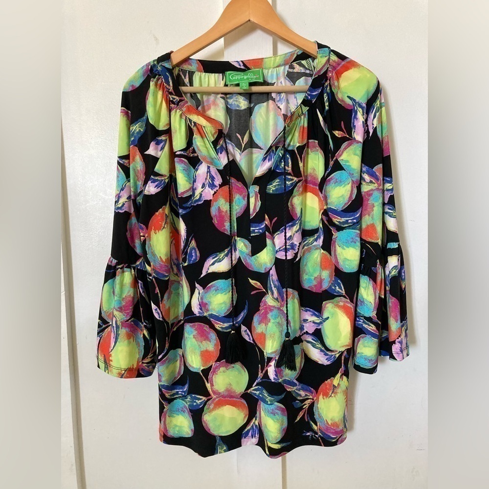 PAPPAGALLO popover blouse multicolored bright fruit print tassels tie front